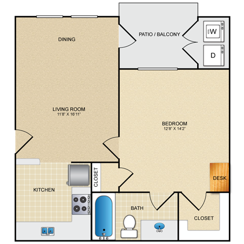 Floor plan for 1 bed, 1 bath, 597 sqft